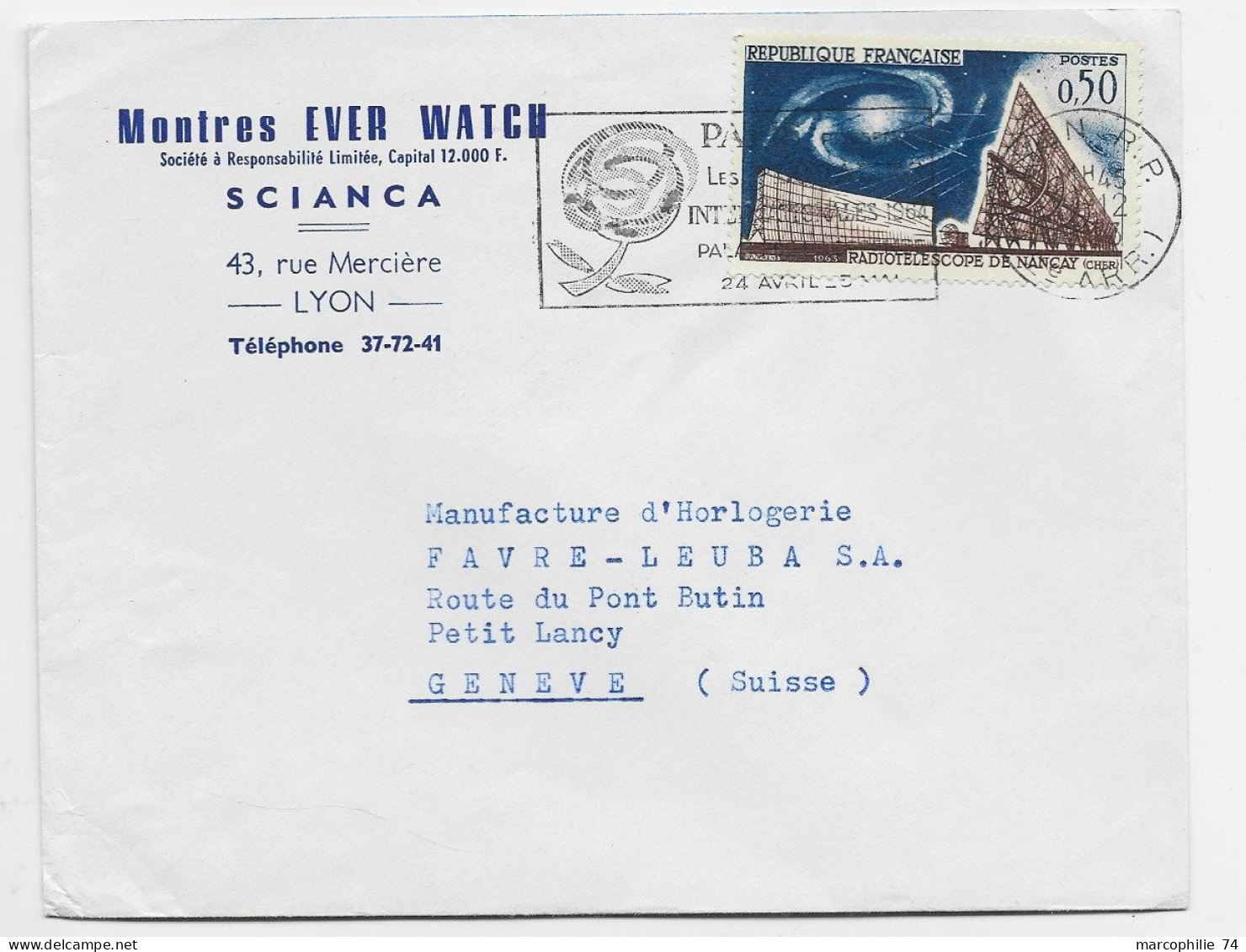 FRANCE 50C RADIOTELESCOPE SEUL LETTRE  COVER LYON 1963 POUR SUISSE AU TARIF - 1961-....