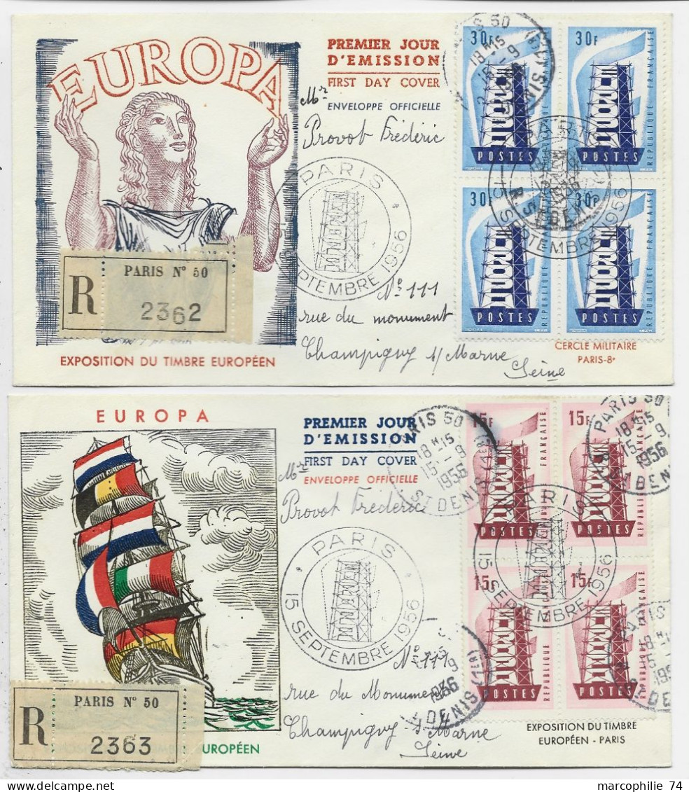 FRANCE EUROPA 15FR+30FR BLOC DE 4 SUR 2 LETTRES REC PARIS FDC SEPTEMBRE 1956 PARIS - 1921-1960: Modern Tijdperk