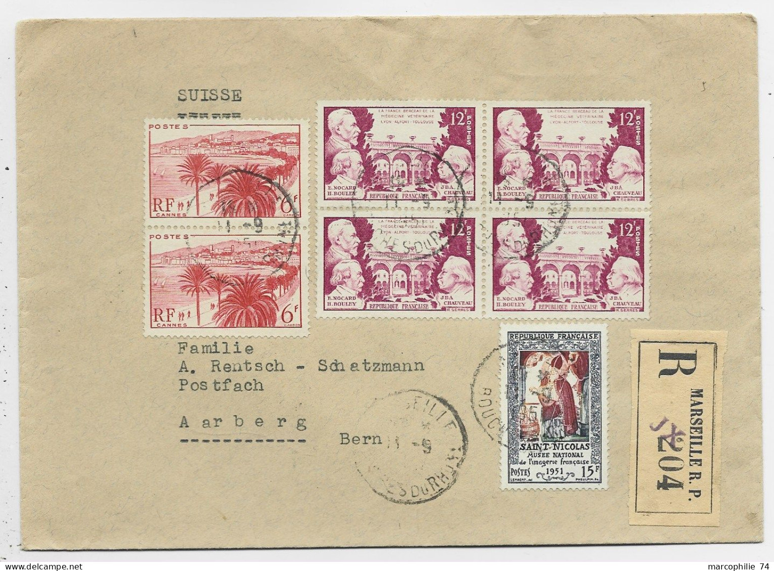 FRANCE 12FR VETERINAIRE BLOC DE 4+15FR+6FRX2 LETTRE COVER REC MARSEILLE 1951 POUR SUISSE AU TARIF - 1921-1960: Période Moderne