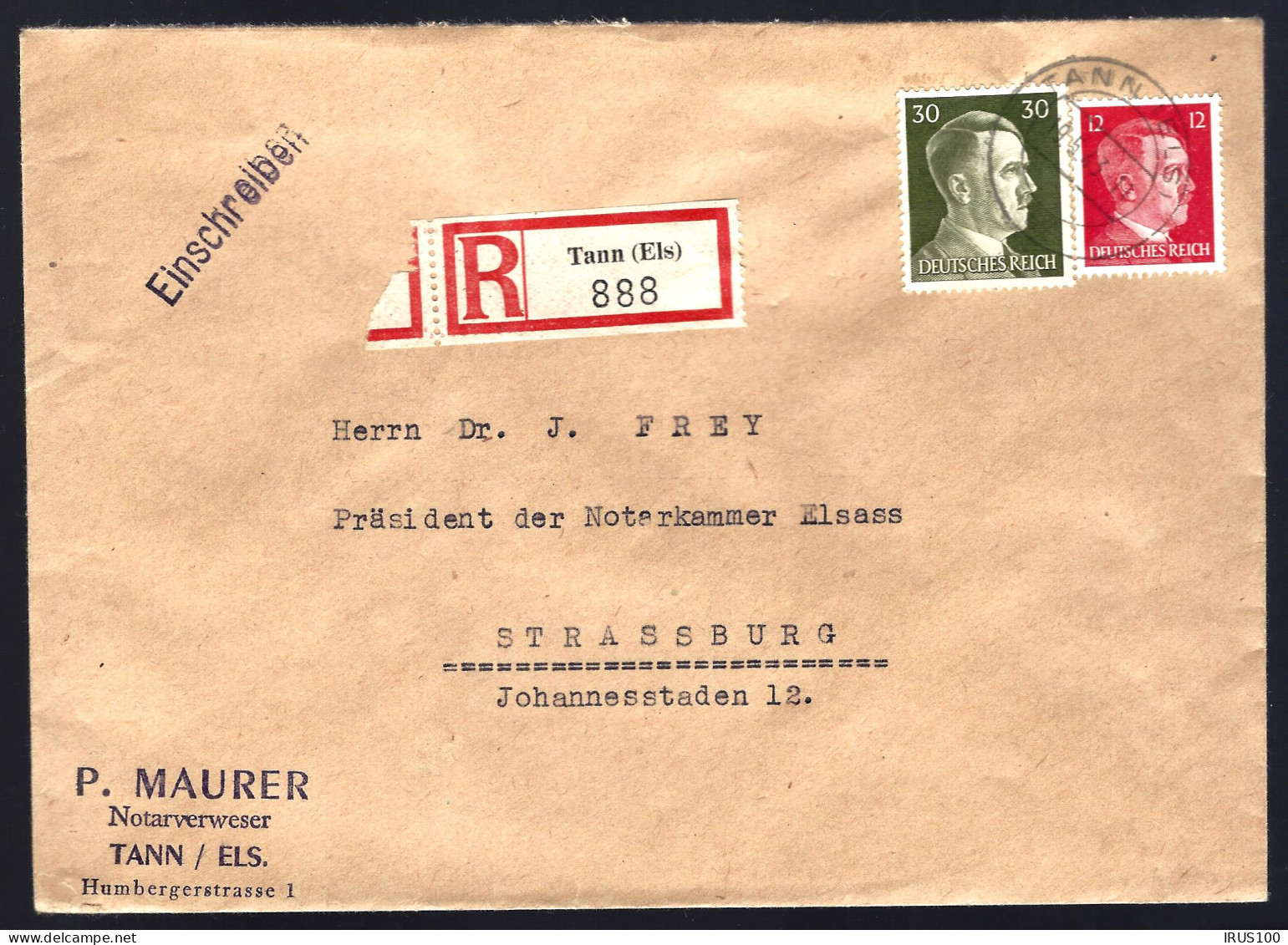 RECOMMANDÉ DE TANN (Els) 888 - 1943 - POUR STRASBOURG - Cartas & Documentos