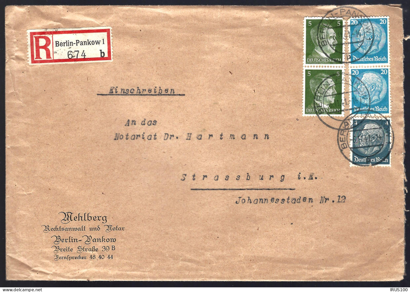 RECOMMANDÉ DE BERLIN / PANKOW 1 / 674 B  - 1941 - POUR STRASBOURG -  - Covers & Documents