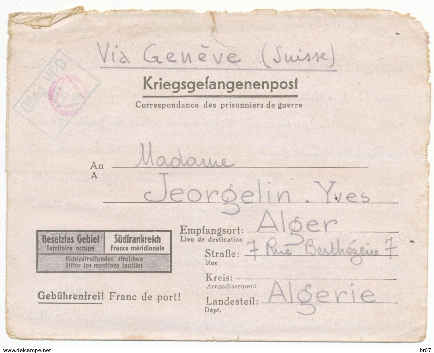 CLFM PRISONNIER DE GUERRE OFLAG VID MUNSTER ( WESTFALEN ) 1943 => ALGERIE VIA GENEVE SUISSE PAR CROIX ROUGE INTERNATIONA - WW II