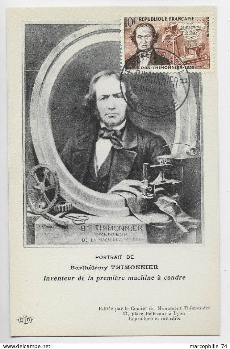 FRANCE 10FR THIMONNIER  INVENTAIRE MACHINE A COUDRE CARTE MAXIMUM L'ARBRESLE 5 MARS 1955 - 1950-1959