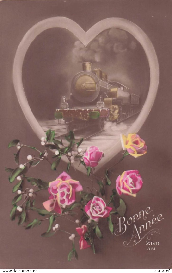 CPA Bonne Année . Illustration Avec Locomotive Couer Et Roses . CP ZED 331 - Autres & Non Classés