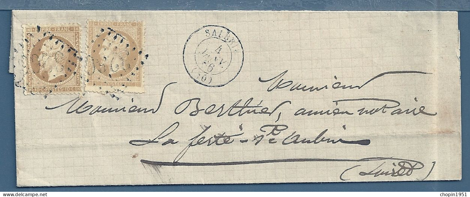 N° 21 -  10 C. BISTRE - DEUX NUANCES DIFFÉRENTES Oblitérées GC 3266 Sur Lettre De SALBRIS - 1862 Napoleone III