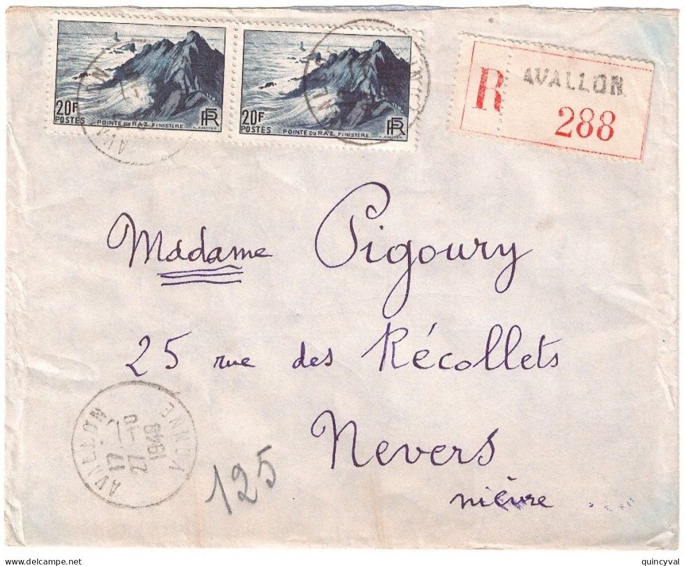 AVALLON Yonne Lettre Recommandée 2° Ech 40 F Pointe Du Raz 20 F X 2 Yv 764  Ob 27 10 1948 - 1921-1960: Modern Tijdperk