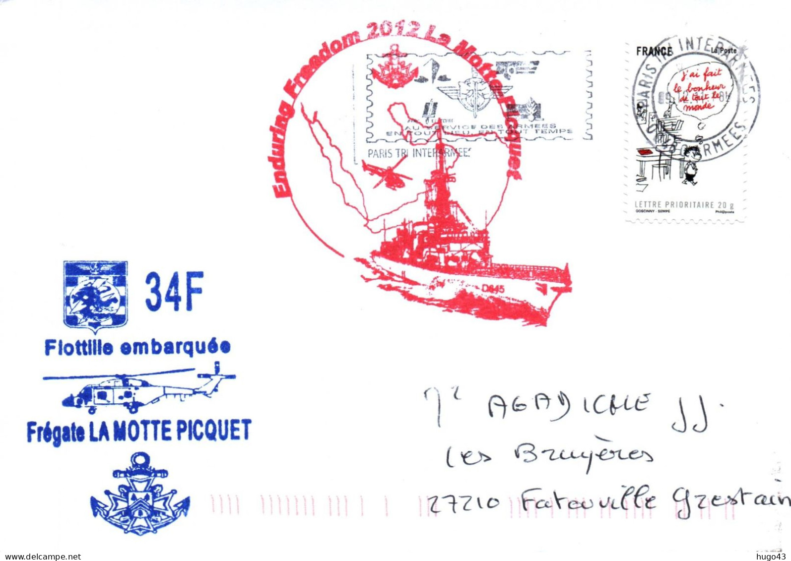 ENVELOPPE AVEC CACHET FREGATE LA MOTTE PICQUET - FLOTTILE EMBARQUEE 34F - ENDURING FREEDOM 2012 LE 09 DECEMBRE 2011 - Correo Naval