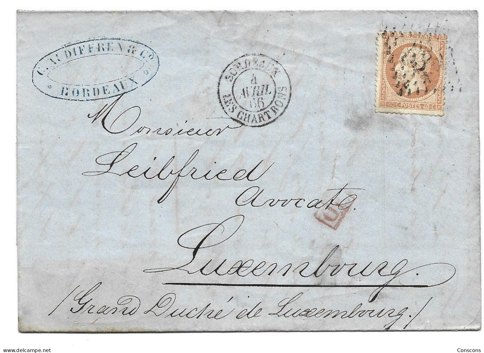 Lettre De Bordeaux Vers Luxembourg 1866 - Andere & Zonder Classificatie