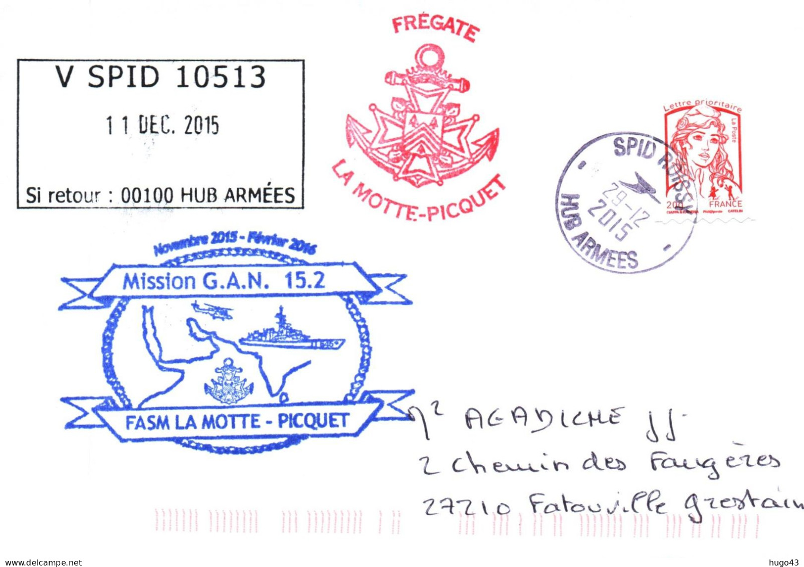 ENVELOPPE AVEC CACHET FREGATE LA MOTTE PICQUET - MISSION G.A.N. 15.2 - SPID ROISSY LE 29 DECEMBRE 2015 - Naval Post