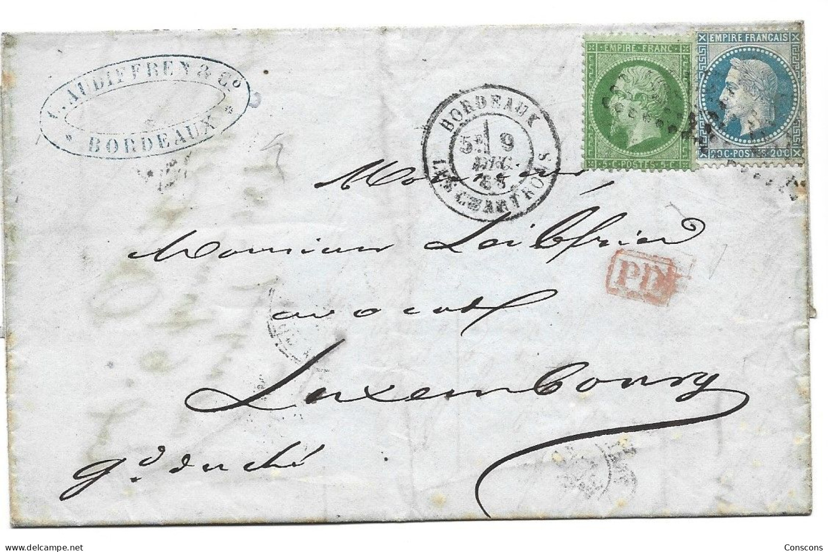 Lettre De Bordeaux Vers Luxembourg 1868 - Otros & Sin Clasificación