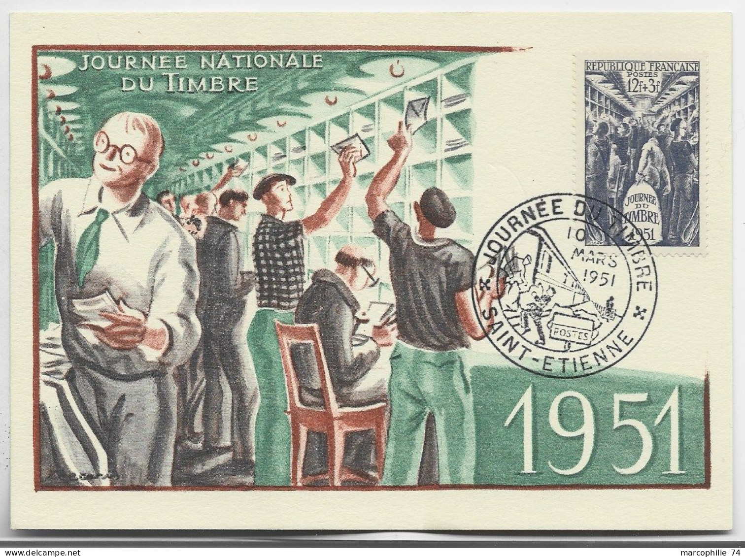 FRANCE  SURTAXE 12FR JOURNEE DU TIMBRE  CARTE MAXIMUM PREMIER JOUR SAINT ETIENNE 10 MARS 1951 - 1950-1959