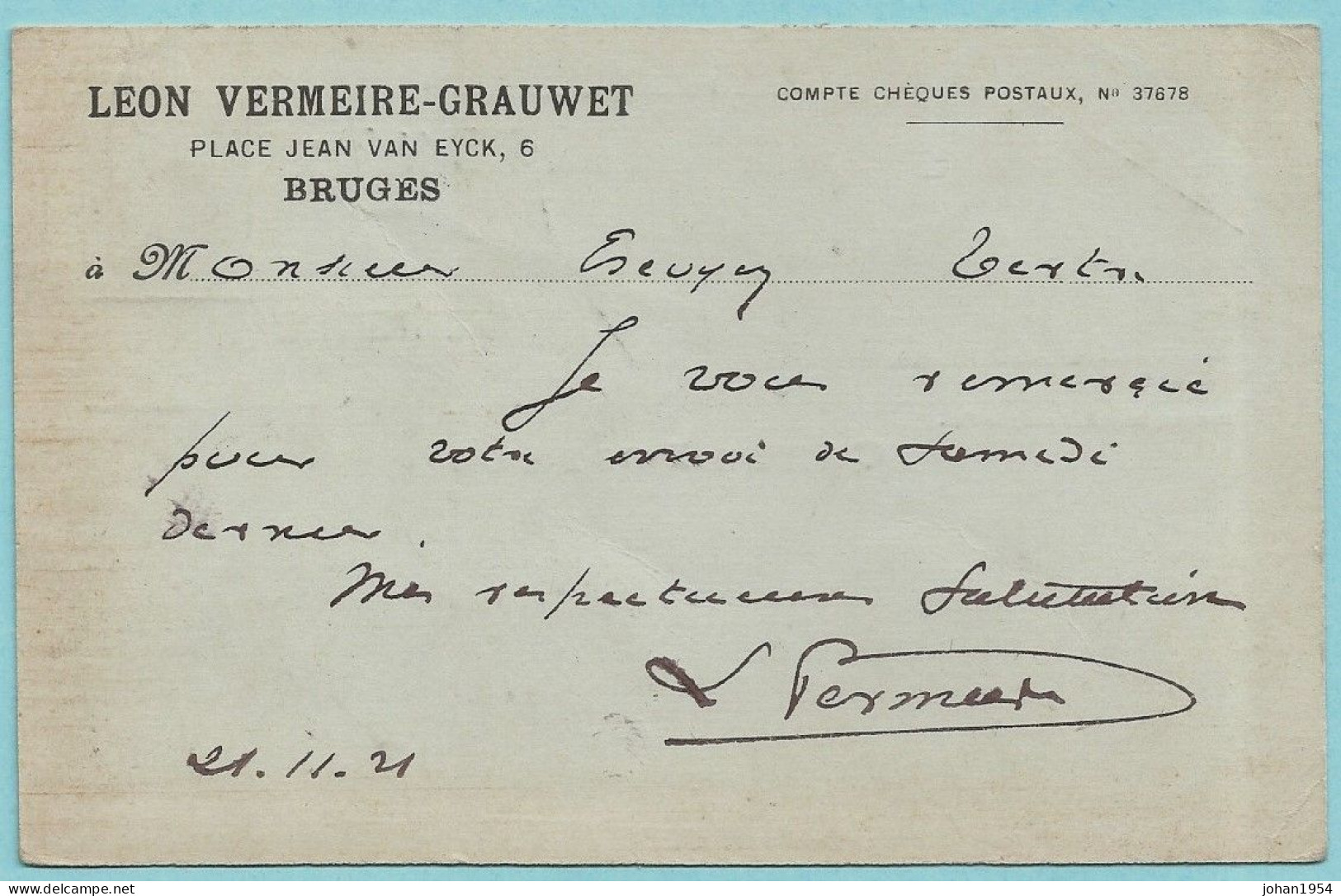N°139 Op Reclamekaart, Afst. BRUGGE 3 21/11/1921, Afz.: Léon Vermeire-Grauwet - 1915-1920 Alberto I