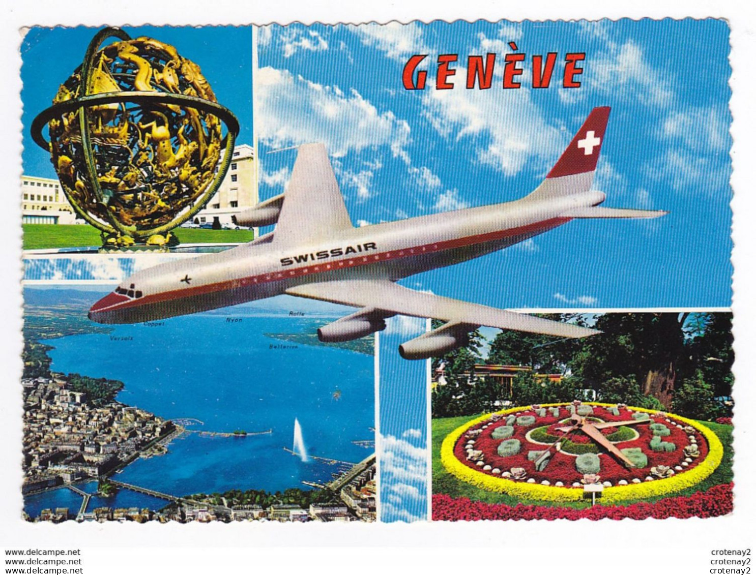 GENEVE N°3055 En 3 Vues Avion Swissair Sphère Armillaire Horloge Fleurie - Genève