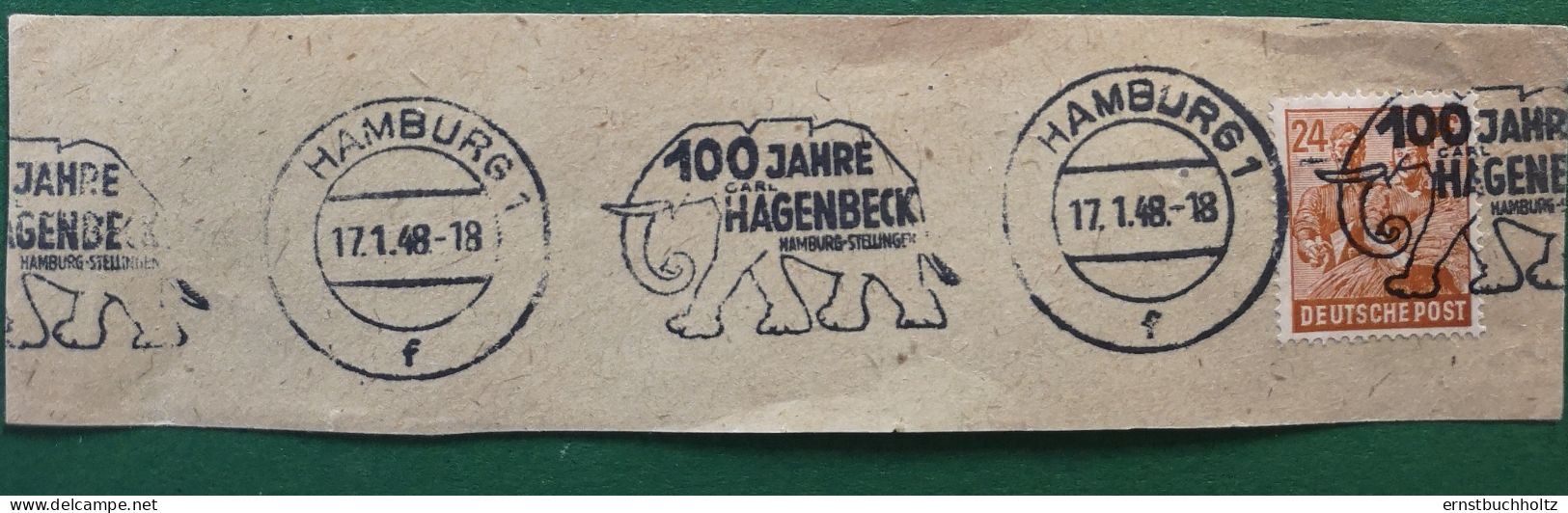 Deutsche Post Briefstück 1948 MaschinenSt 100 Jahre Hagenbeck Elefant - Sonstige & Ohne Zuordnung