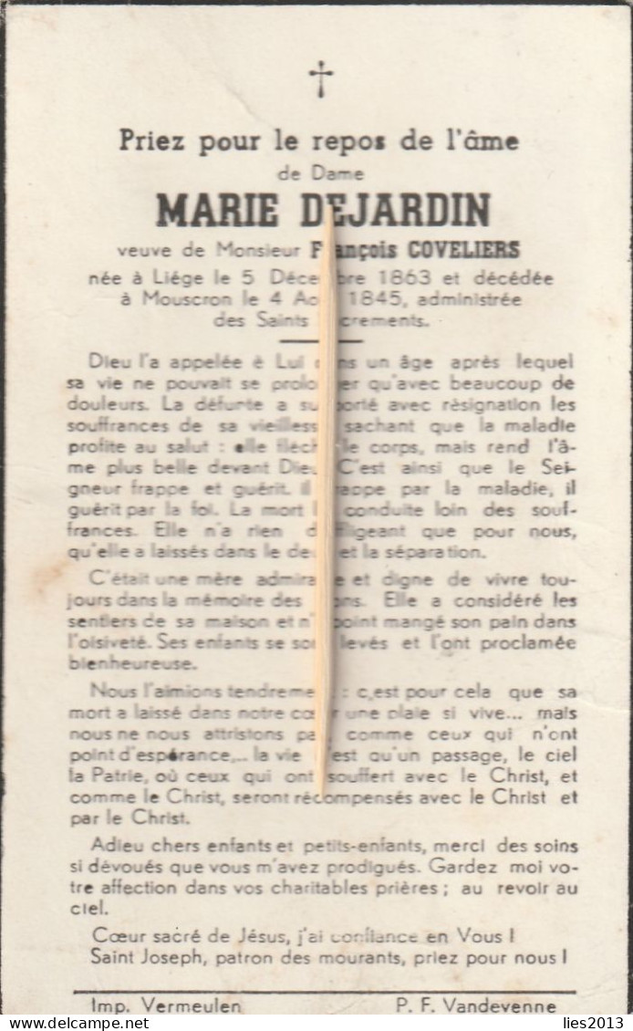 Mouscron, Liege, Marie Dejardin, Coveliers;1845, 1945 - Devotion Images