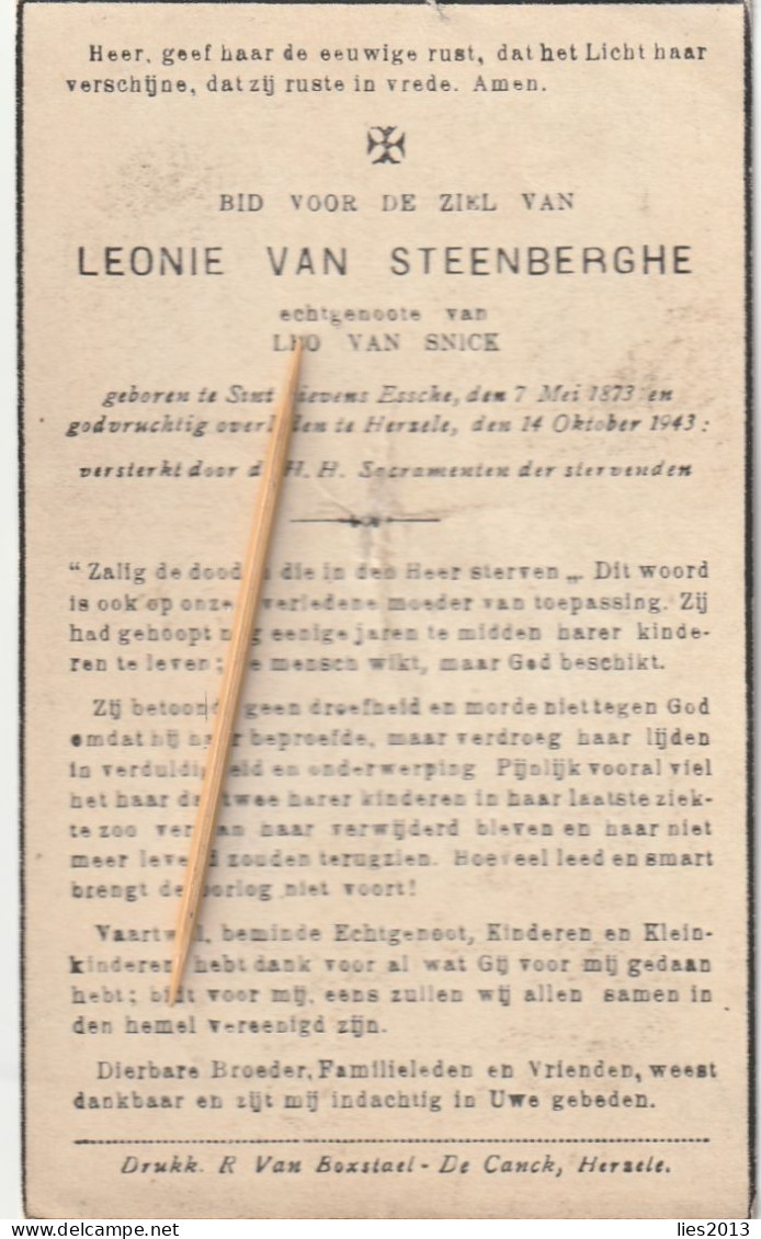 Sint-Lievens-Essche, Esse, Herzele, Leonie Van Steenberghe, Van Snick - Devotion Images