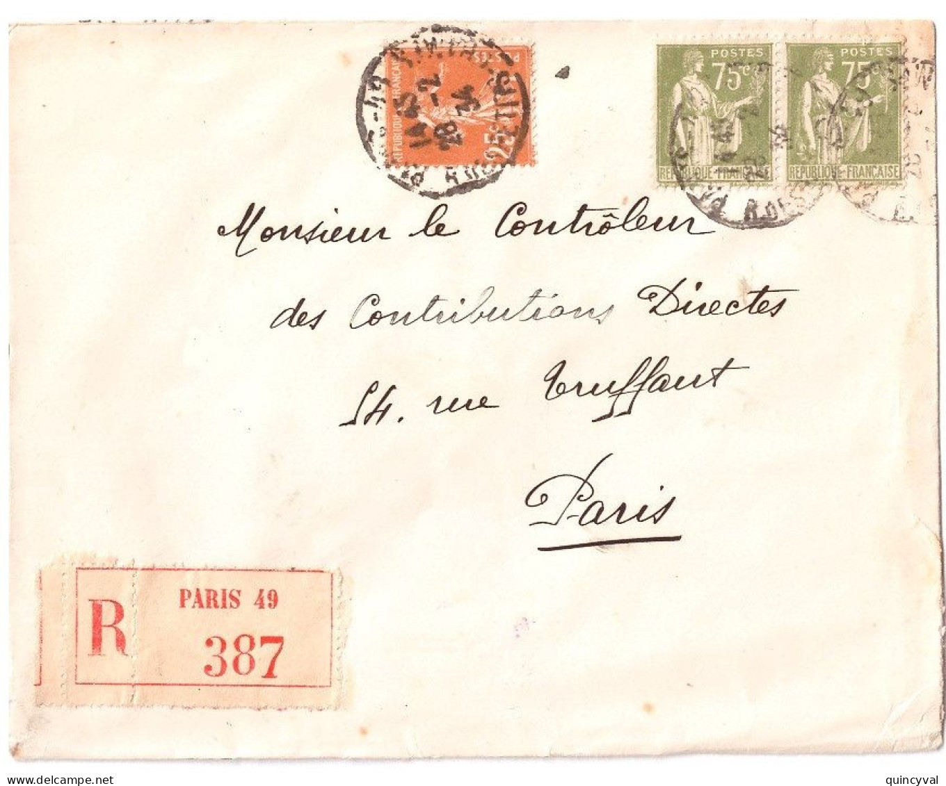 PARIS 49 Lettre Recommandée 1° Ech 75c Paix Olive X2   25c Semeuse Jaunr Brun Yv  284A 235 - 1921-1960: Moderne