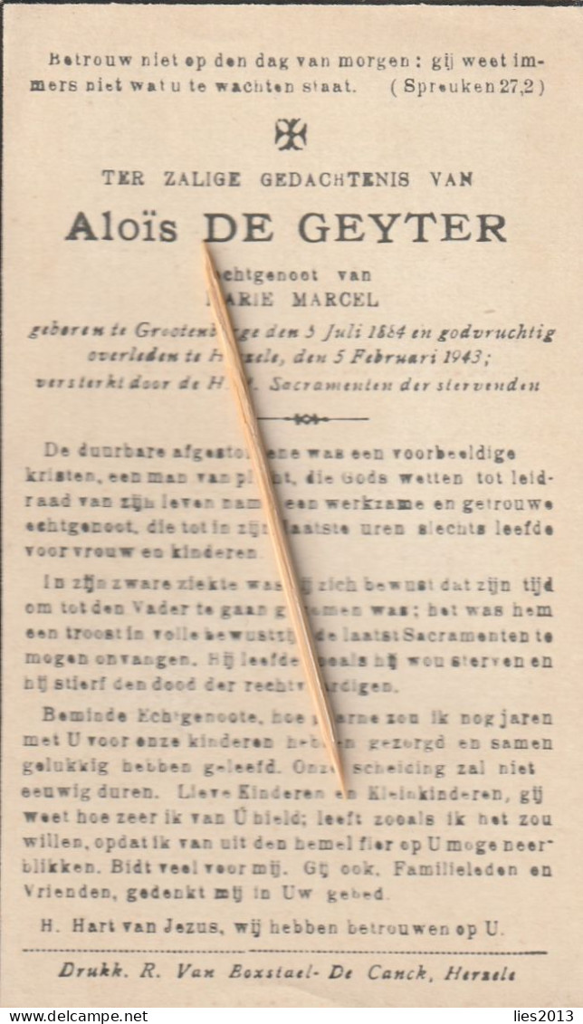 Grootenberge,Grotenberge, Herzele, 1943, Alois De Geyter, Marcel - Devotion Images