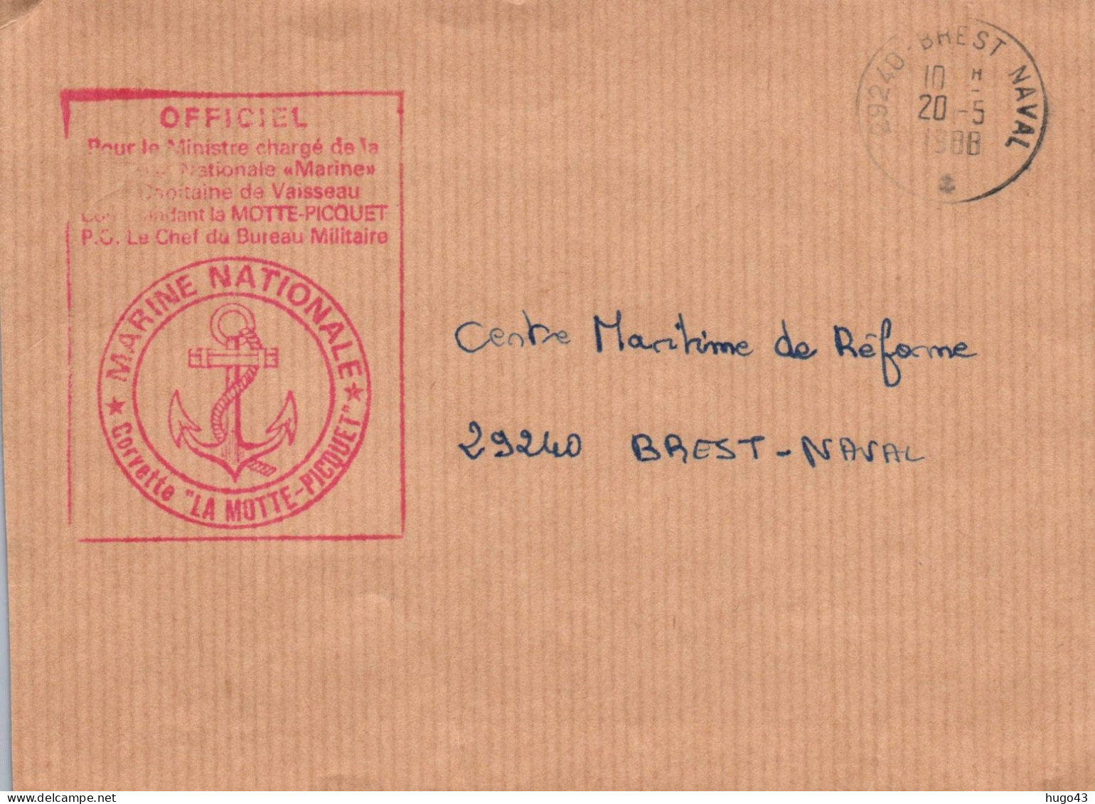 ENVELOPPE AVEC CACHET FREGATE LA MOTTE PICQUET - CACHET OFFICIEL - BREST NAVAL LE 20 MAI 1988 - Naval Post