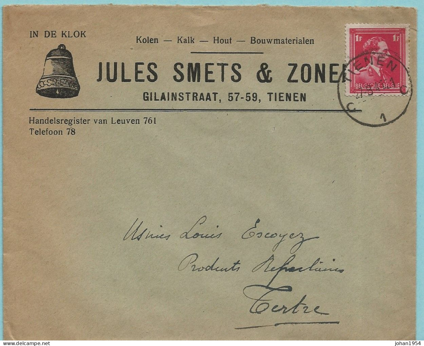 N°428 Op Omslag, Afst. TIENEN 27/08/1941 - Lettres & Documents