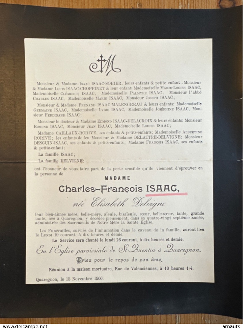 Madam Charles-François Isaac Nee Delvigne Elisabeth *1819 Quaregnon +1906 Quaregnon Sohier Choppinet Mamengrau Delacroix - Esquela