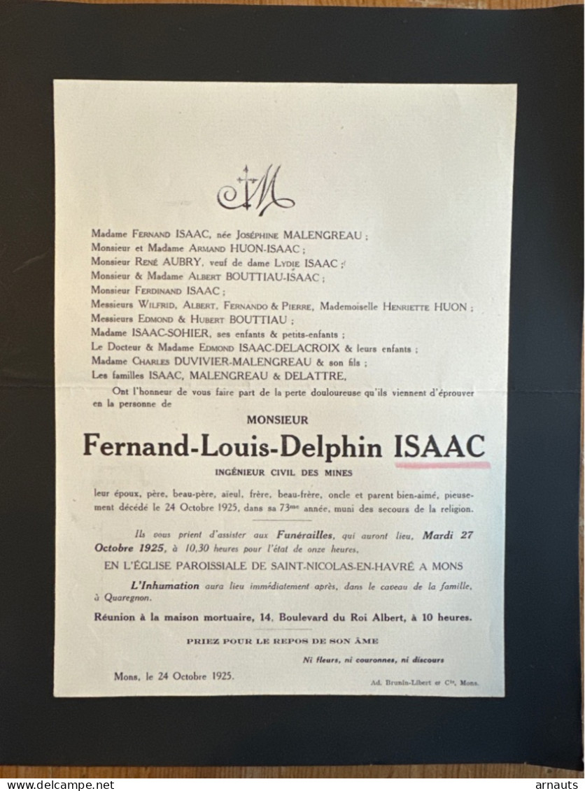 Fernand-Louis-Delphin Isaac Ingénieur Civil Des Mines *1852+1925 Mons Quaregnon Ep. Malengreau Huon Aubry Sohier Delattr - Décès