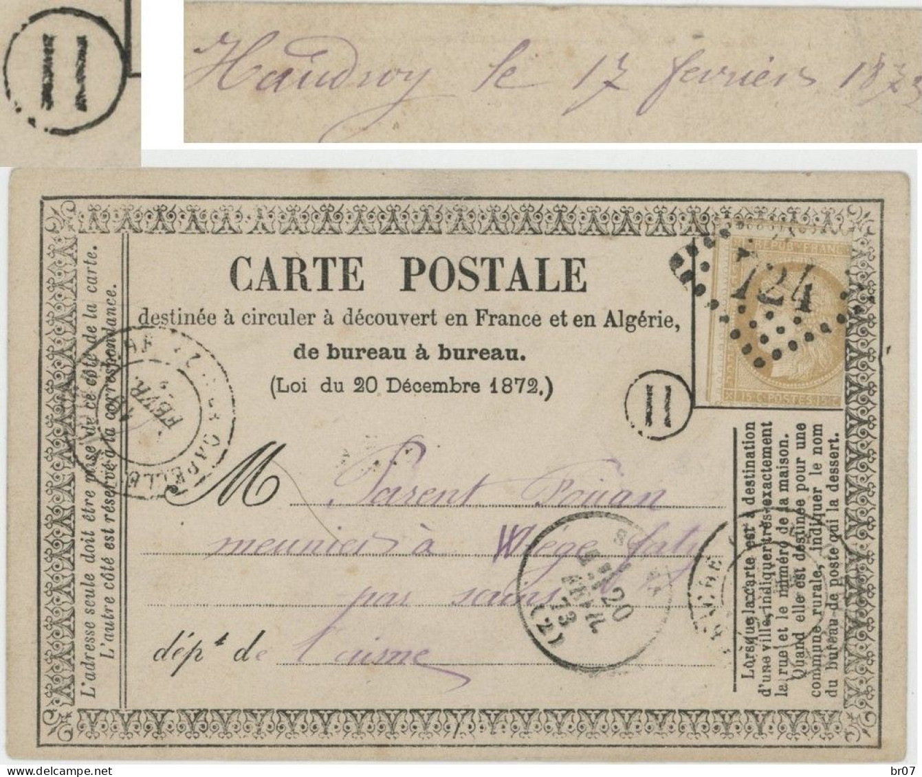 AISNE CPP 1873 LA CAPELLE EN THIERACHE GC / CERES DFT T17 BOITE RURALE H = HAUDROY - 1849-1876: Periodo Classico