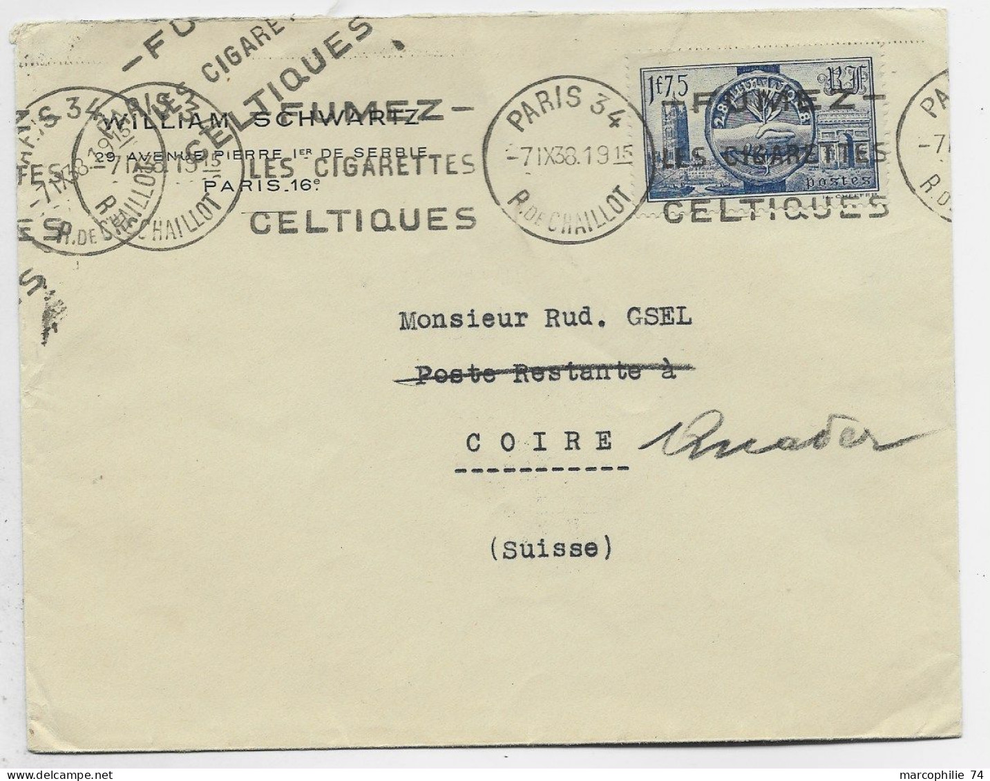 FRANCE N°400 SEUL LETTRE COVER MECANIQUE KRAG FUMEZ LES CIGARETTES CELTIQUES PARIS 34 R DE CHAILLOT 1938 POUR SUISSE - Maschinenstempel (Werbestempel)