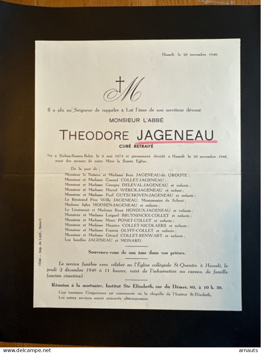 L’Abbe Theodore Jageneau Curé Retraité *1874 Zichen-Zussen-Bolder Riemst +1948 Hasselt De Groote Gutschoven Monard Ponet - Todesanzeige