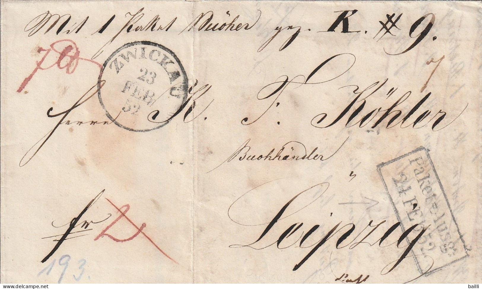 Allemagne Lettre Avec Correspondance Zwickau + Cachet Rectangulaire Paket 1852 - Prephilately