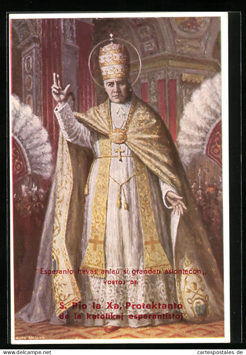 AK Papst Pius X., Arazzo Dalla Loggia Esterna Della Basilica Vaticana, Esperanto  - Esperanto
