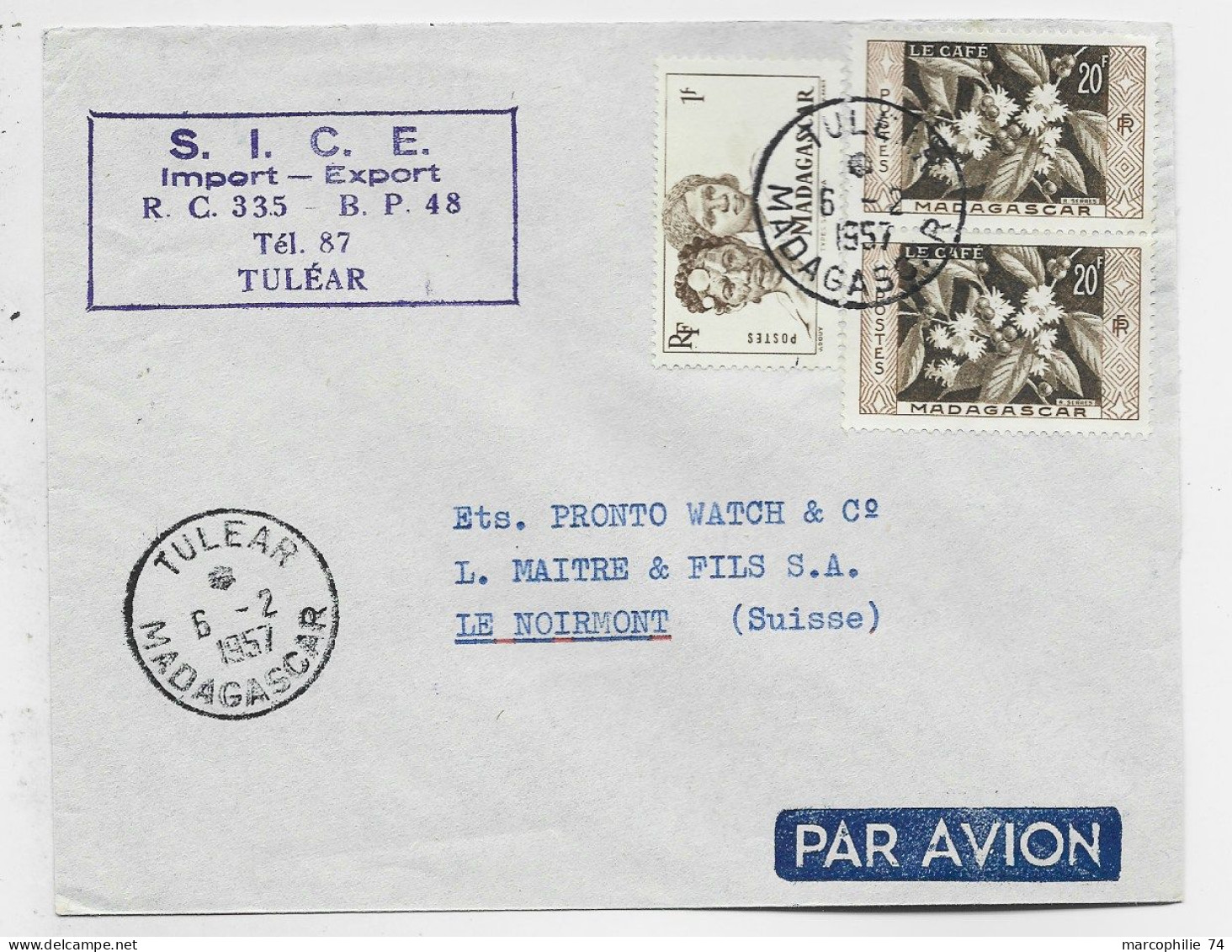 MADAGASCAR 20FRX2+1FR LETTRE COVER AVION TULEAR 6.2.1957 POUR SUISSE - Cartas & Documentos