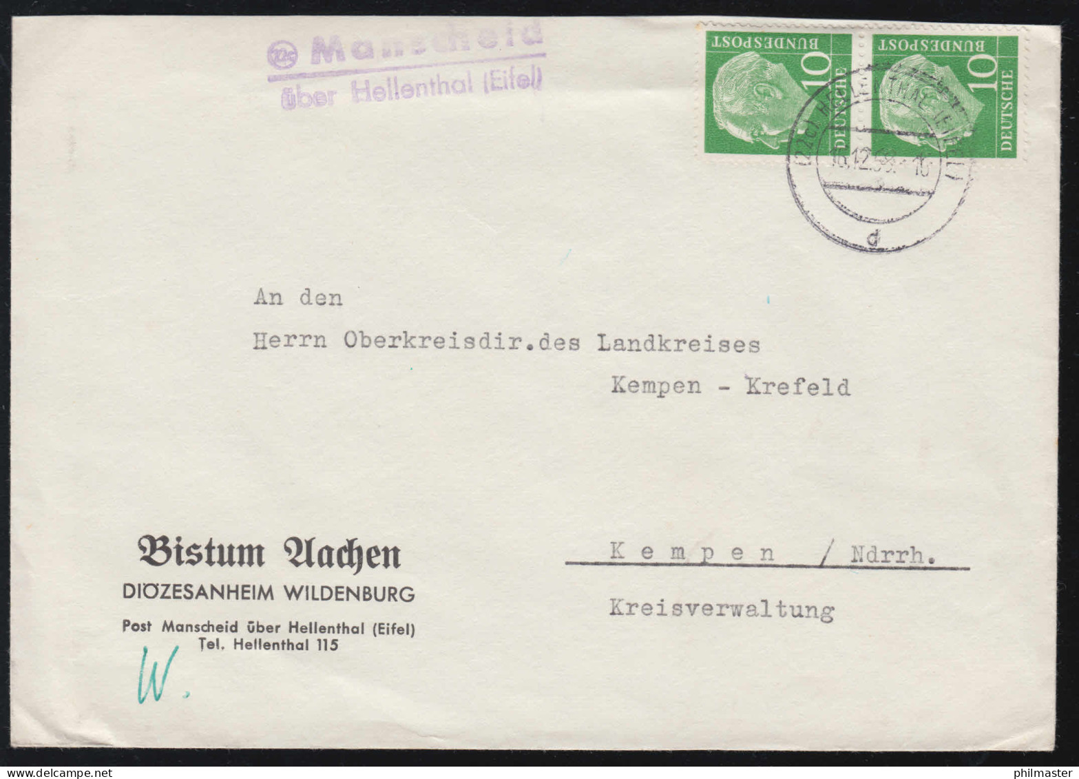 Landpost-Stempel Manscheid über HELLENTHAL (EIFEL) 16.12.1958 Brief Nach Kempen - Autres & Non Classés