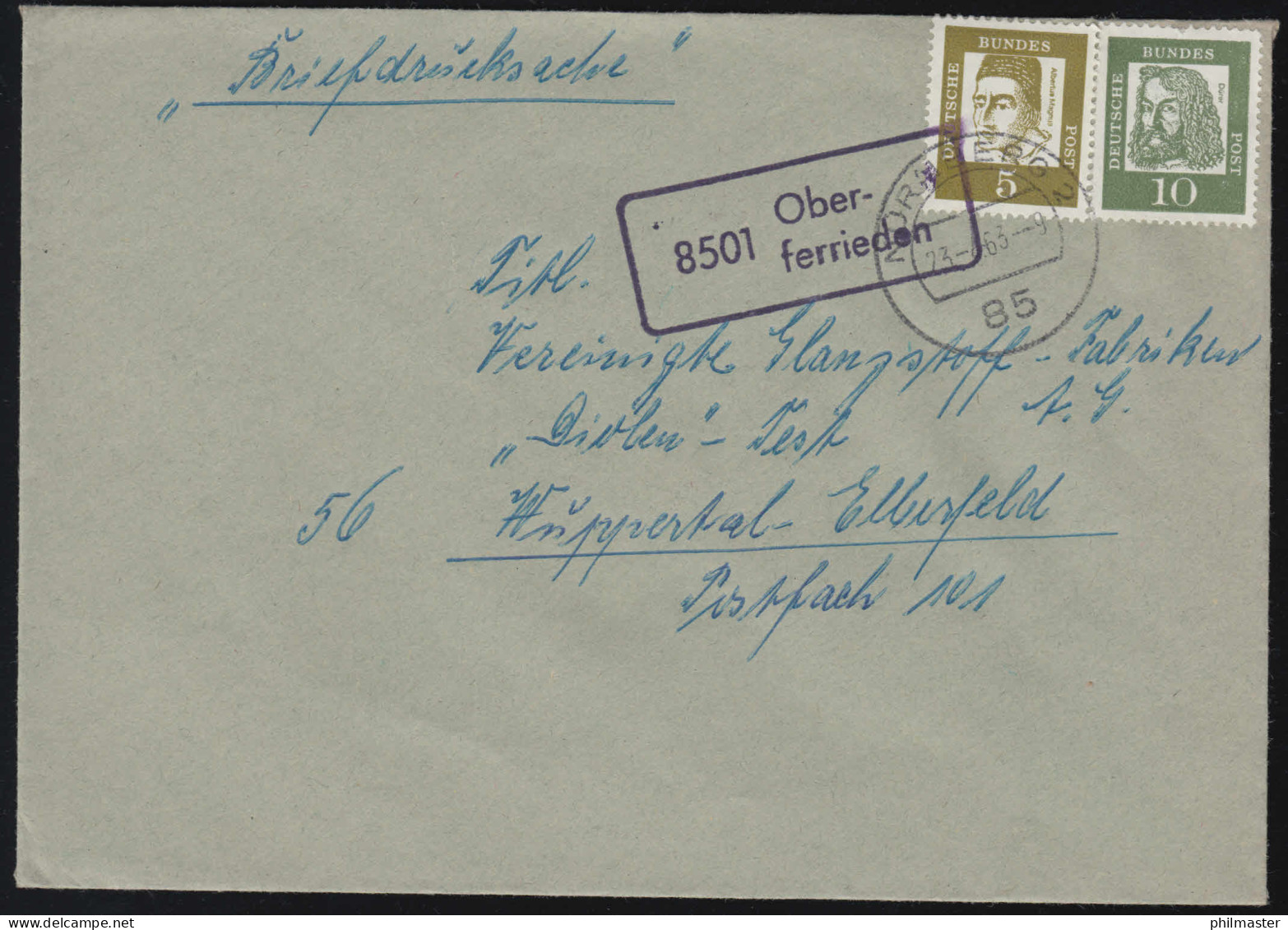 Landpost-Stempel 8501 Oberferrieden über NÜRNBERG 23.4.1963 Auf Briefdrucksache - Autres & Non Classés