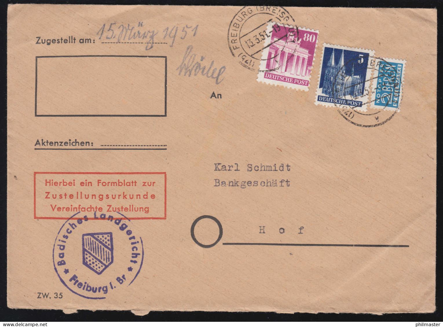 75eg Und 94wg Bautenserie Mit Notopfer Zustellungsurkunde FREIBURG 13.3.1951 - Lettres & Documents