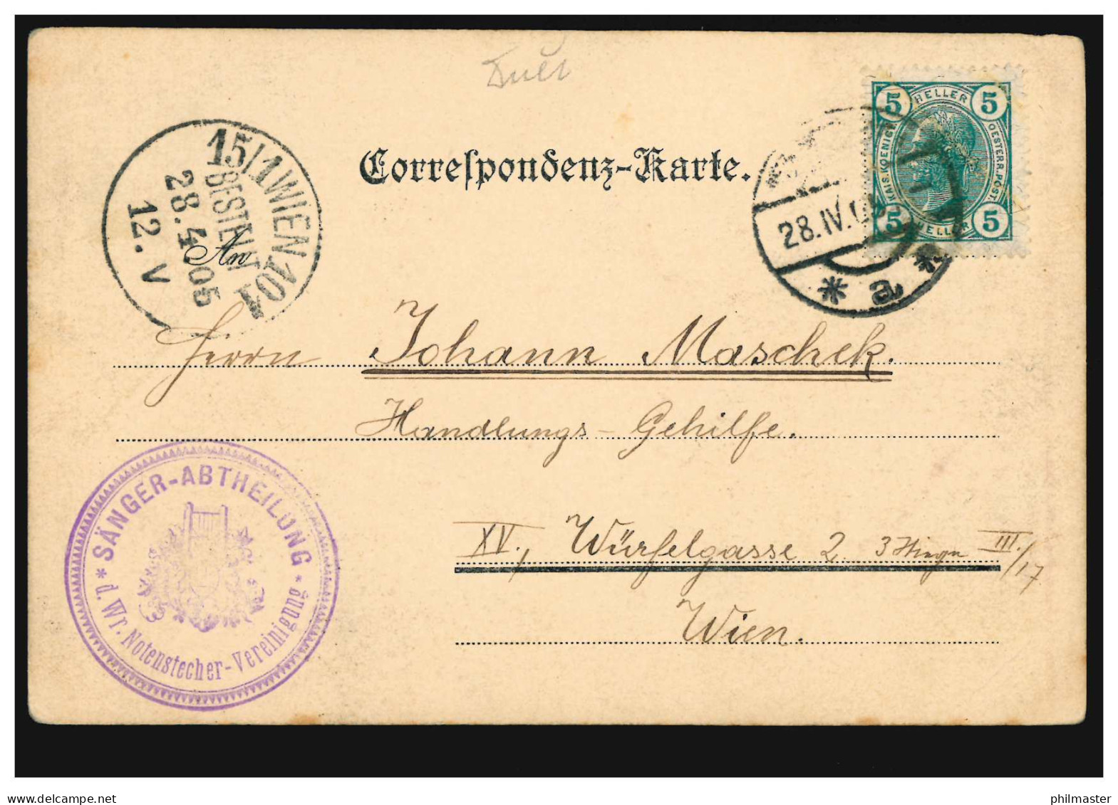Österreich Sänger-Abteilung Der Wiener Notenstecher-Vereinigung, WIEN 28.4.1905 - Otros & Sin Clasificación