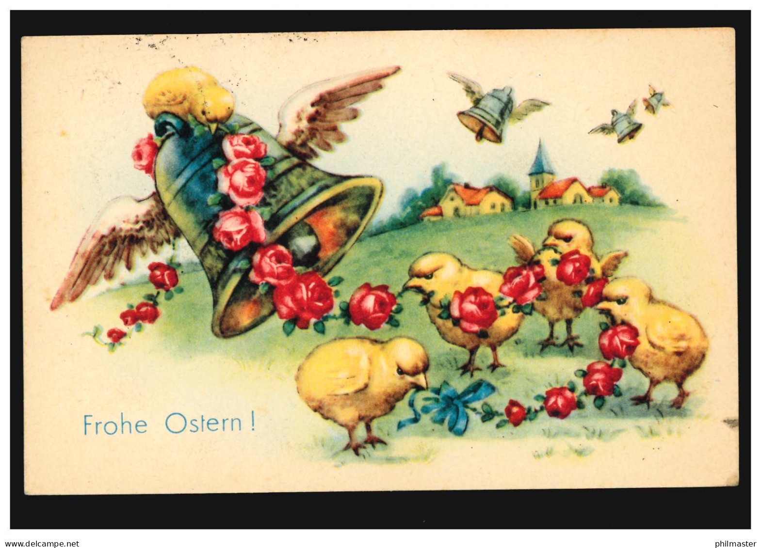 AK Ostern: Fliegende Glocken Mit Flügeln Küken Rosen, JENESIEN (BOZEN) 3.7.1953 - Sonstige & Ohne Zuordnung