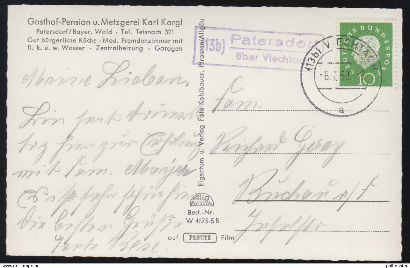 Landpost-Stempel Patersdorf über VIECHTACH 6.7.1959 Auf AK Patersdorf 5 Bilder - Autres & Non Classés