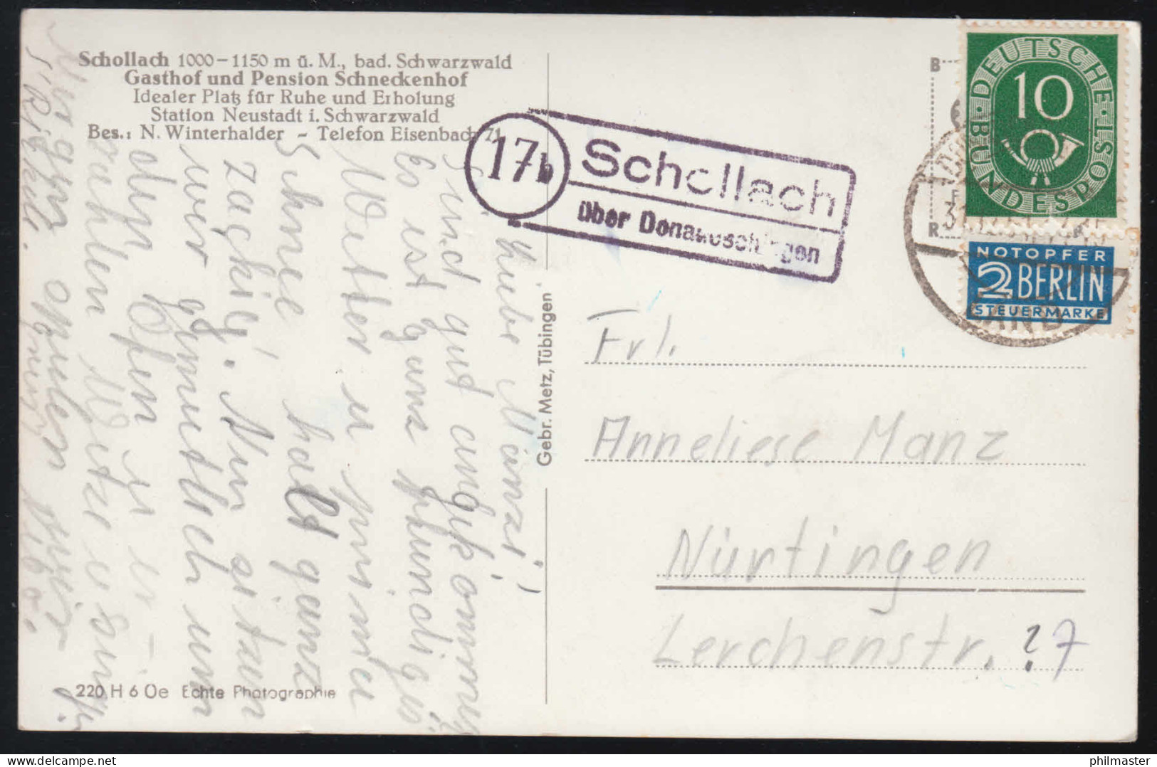 Landpost-Stempel Schollach über DONAUESCHINGEN 31.12.51, AK Gasthof Schneckenhof - Otros & Sin Clasificación