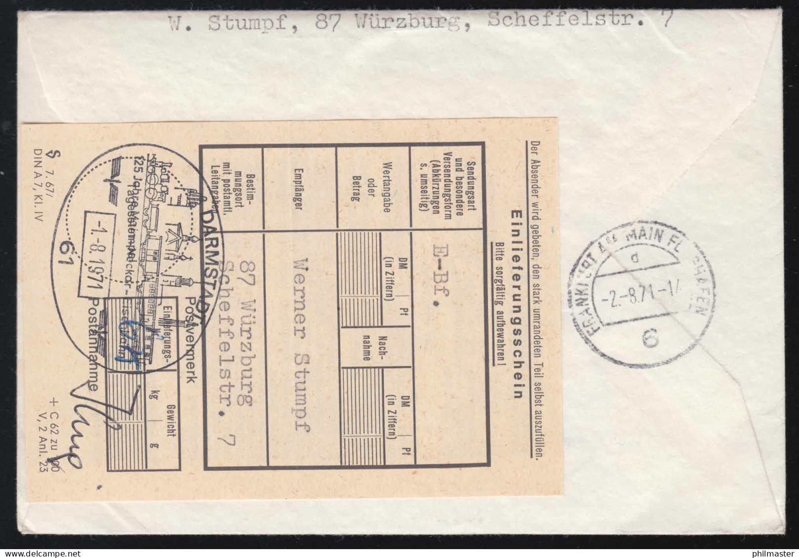 Rand-ZD Brand. Tor Mit W 43 R-Bf. Sonder-R-Zettel SSt DARMSTADT Eisenbahn 1.8.71 - R- & V- Labels