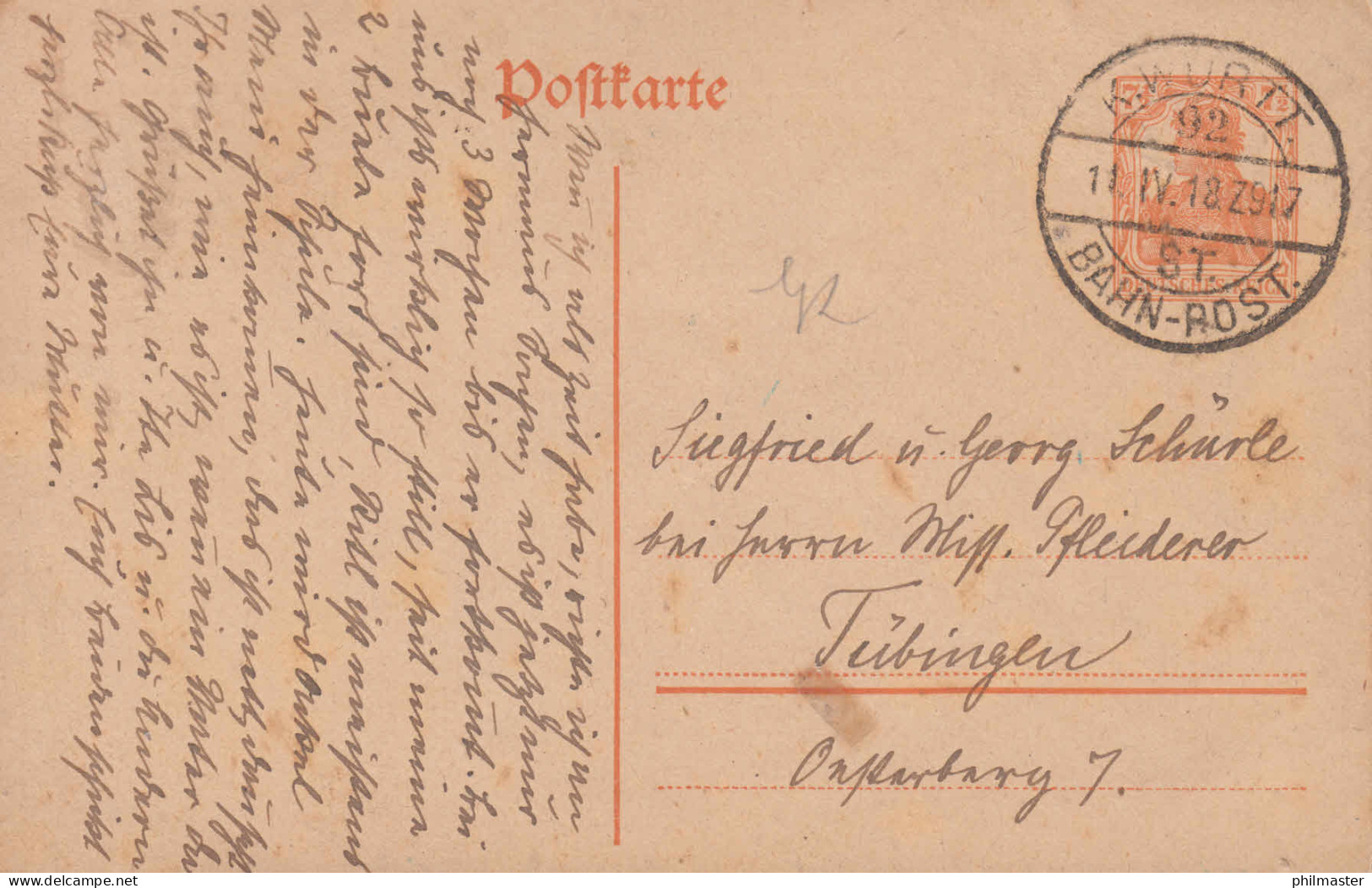 Bahnpost K.WÜRTT. BAHN-POST 92 ST. 11.4.1918 Zug 917 Auf Postkarte Nach Tübingen - Altri & Non Classificati