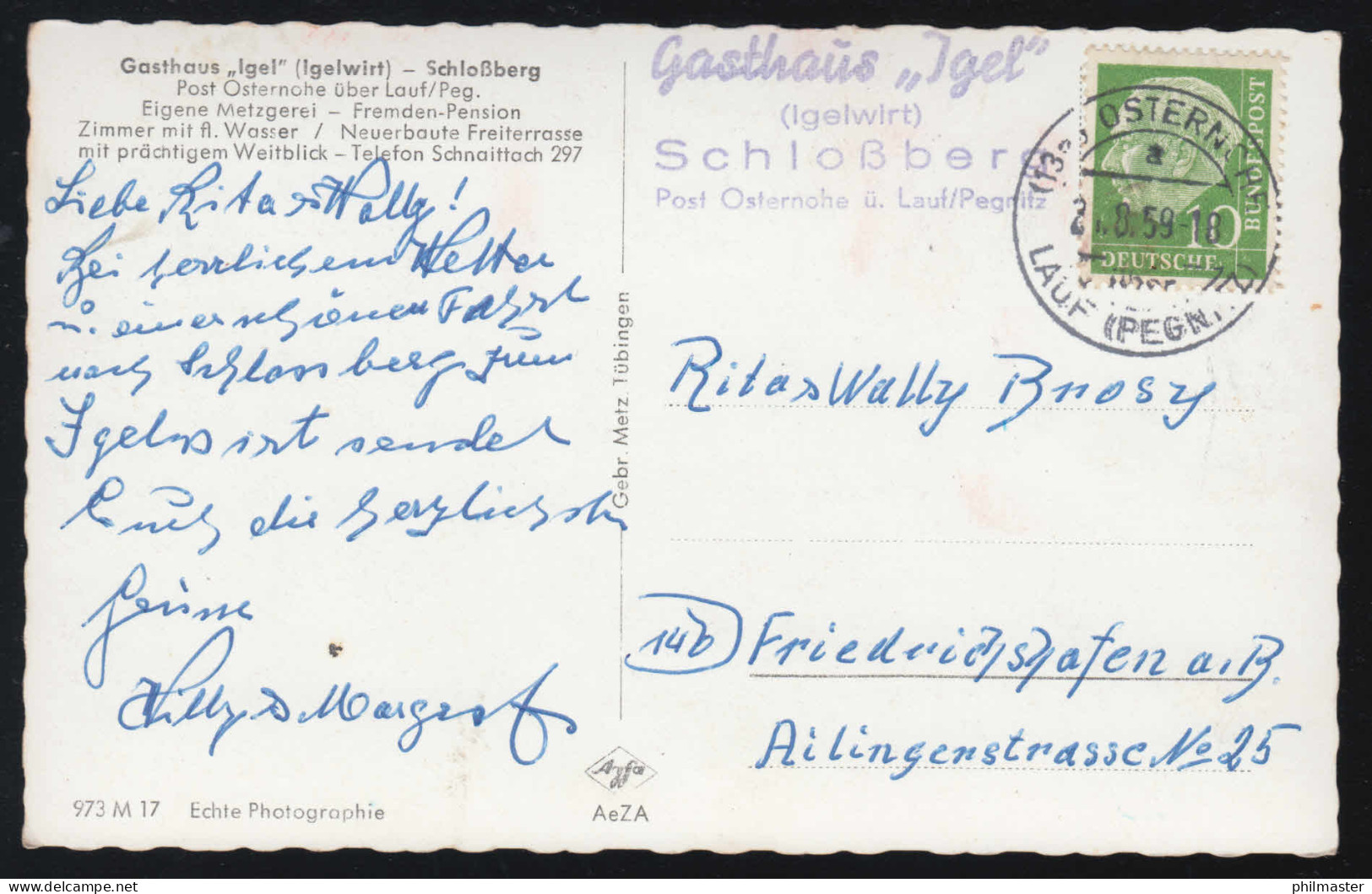 Landpost-Stempel Igelwirt Schlossberg über OSTERNAHE LAUF / PEGNITZ 2.8.1959  - Other & Unclassified