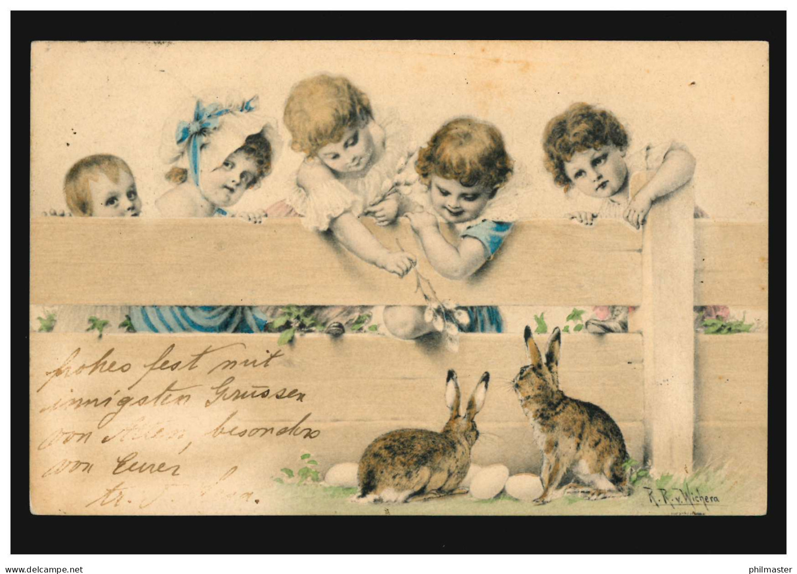 AK Ostern Mädchen Mit Hasen Eiern Weidenkätzchen SCHÖNEWALDE BZ. HALLE 28.3.1902 - Sonstige & Ohne Zuordnung