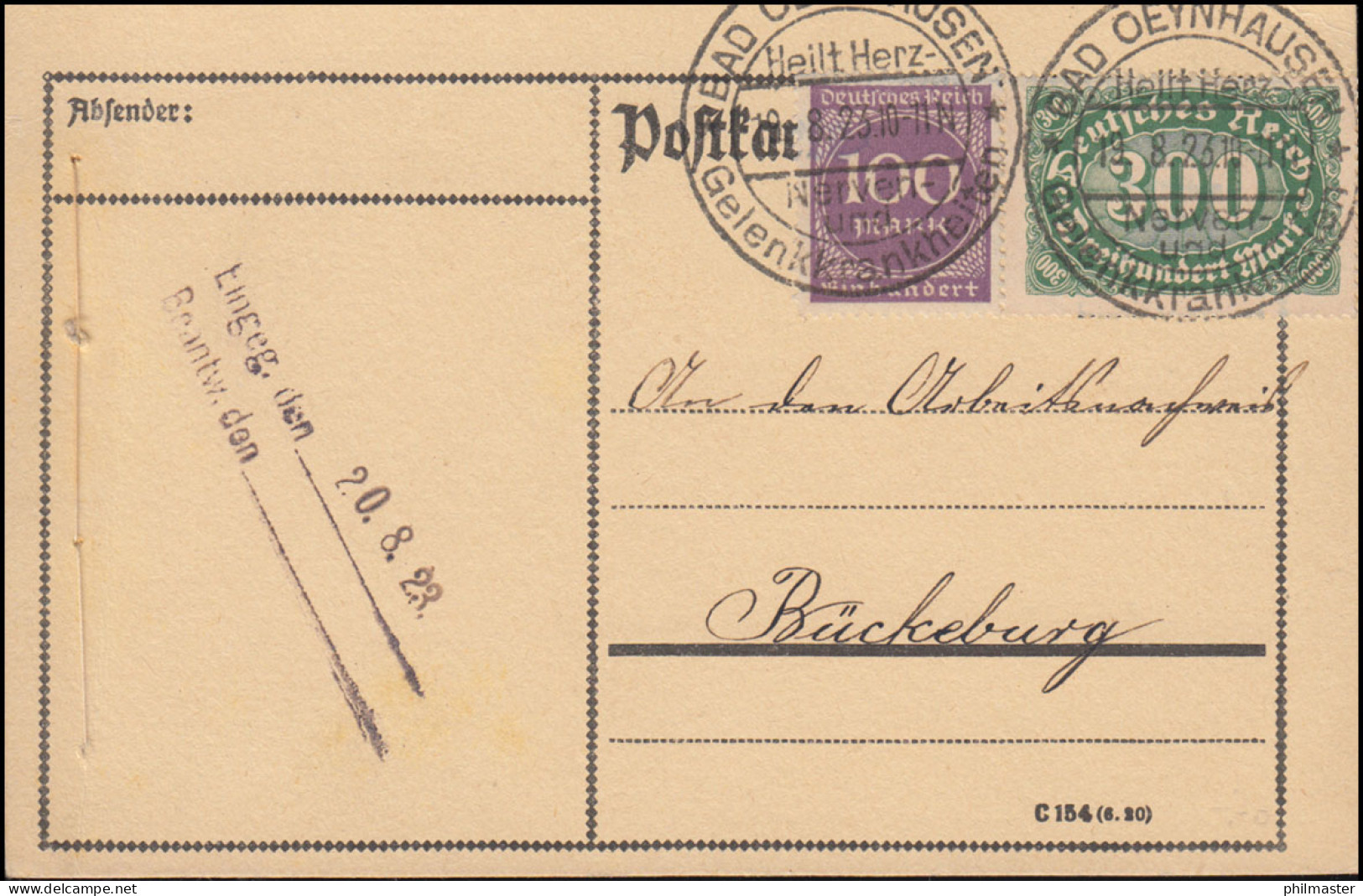 249+268 Infla-MiF Auf Postkarte SSt BAD OEYNHAUSEN 19.8.1923 Nach Bückeburg - Briefe U. Dokumente