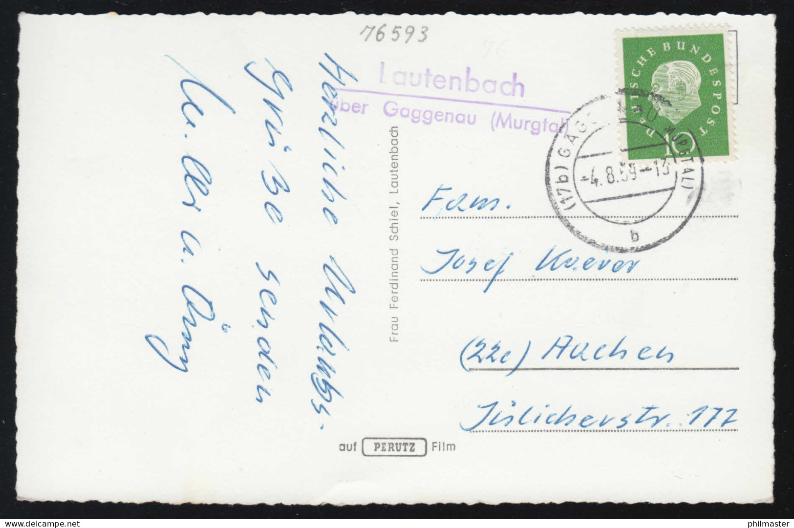 Landpost-Stempel Lautenbach über GAGGENAU (MURGTAL) 4.8.1959, AK Lehrlingsheim - Sonstige & Ohne Zuordnung