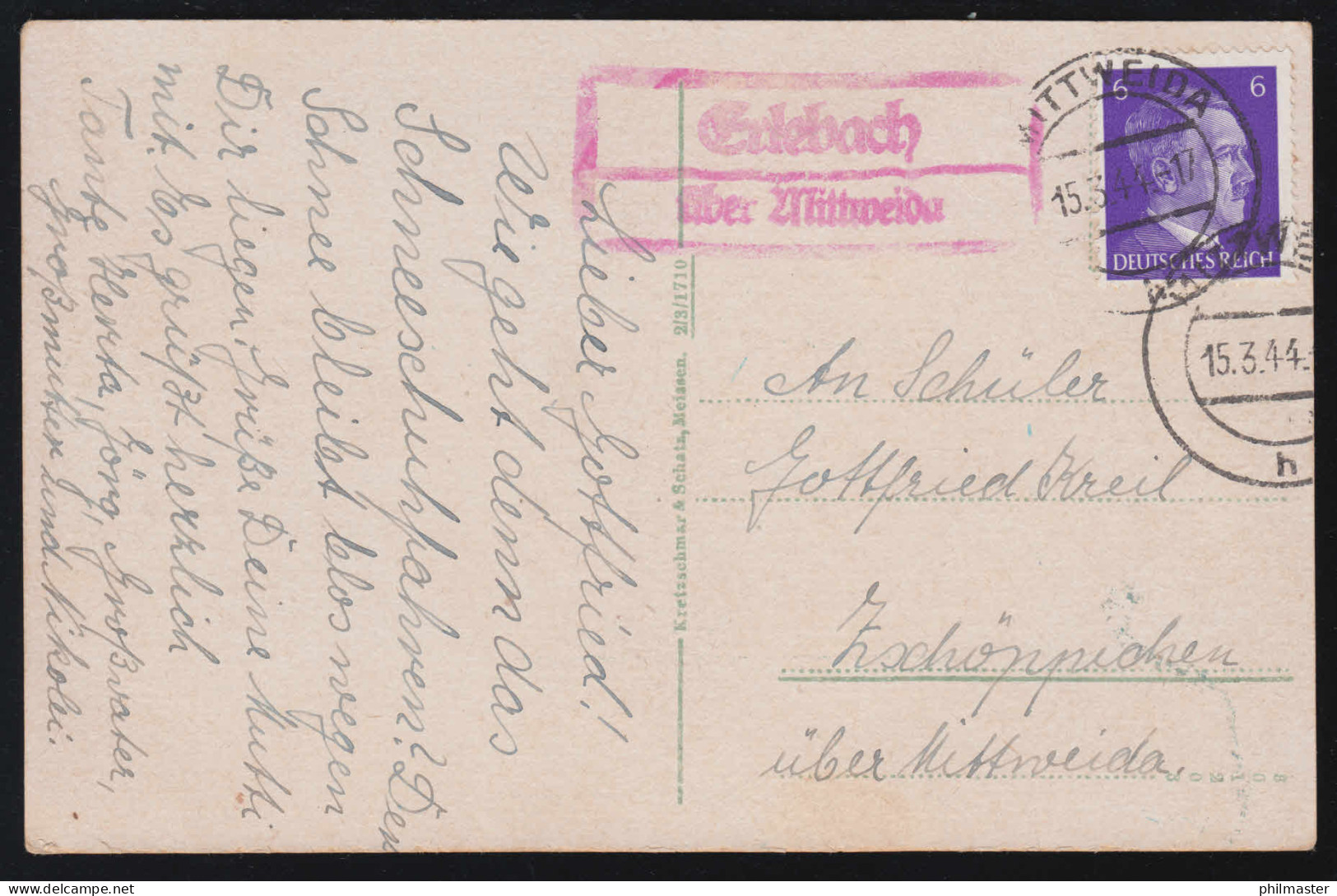 Landpost-Stempel Erlebach über MITTWEIDA 15.3.44 Auf AK Blick Vom Carolafelsen - Cartas & Documentos