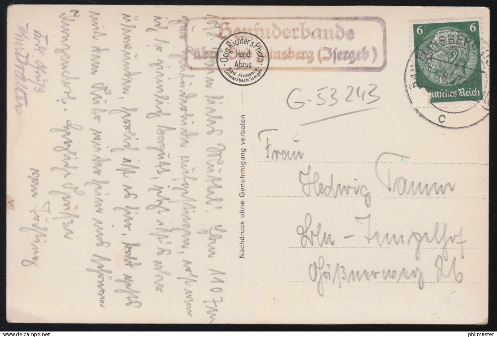 Landpost-Stempel Heufunderbaude über BAD FLINSBERG (ISERGEB) 11.8.1937 - Briefe U. Dokumente