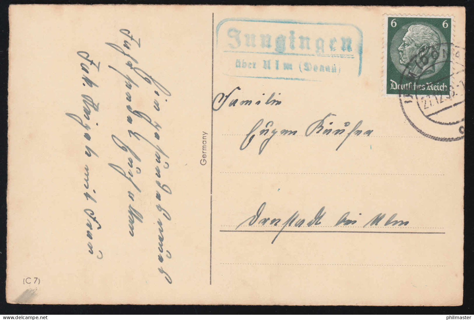 Landpost-Stempel Jungingen über ULM (DONAU) 27.12.1939 Auf Neujahrs-AK  - Covers & Documents