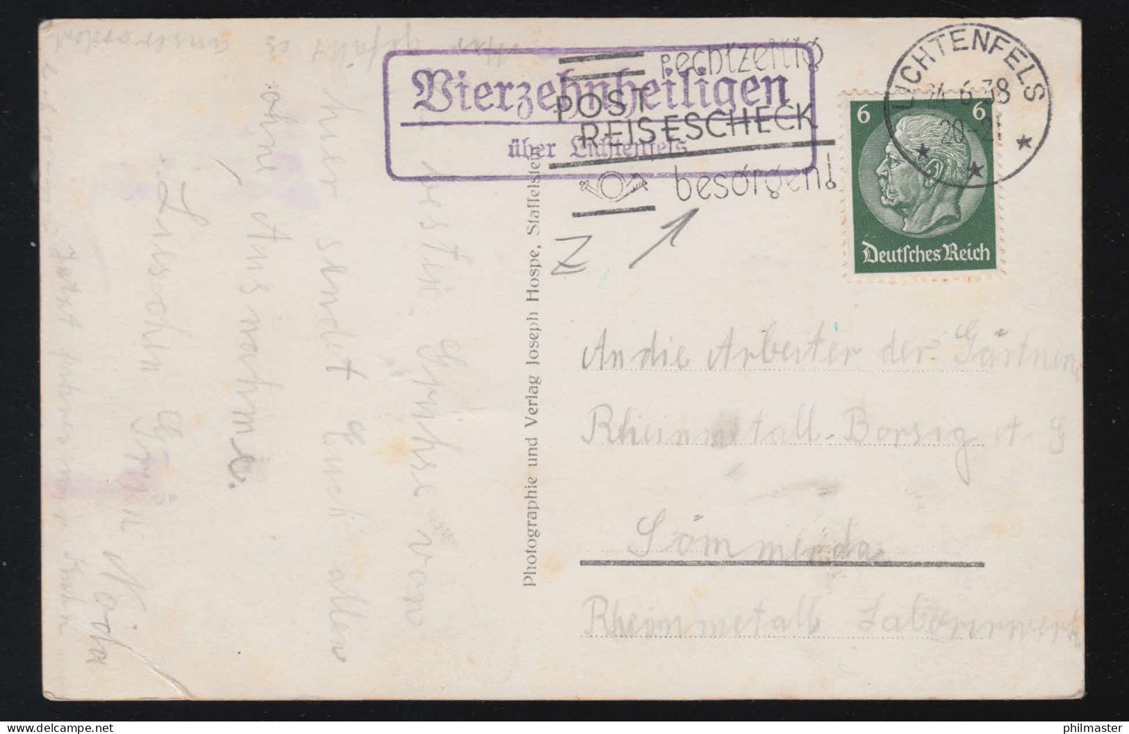Landpost-Stempel Vierzehnheiligen über LICHTENFELS (LAND) 24.6.38 AK Staffelberg - Storia Postale