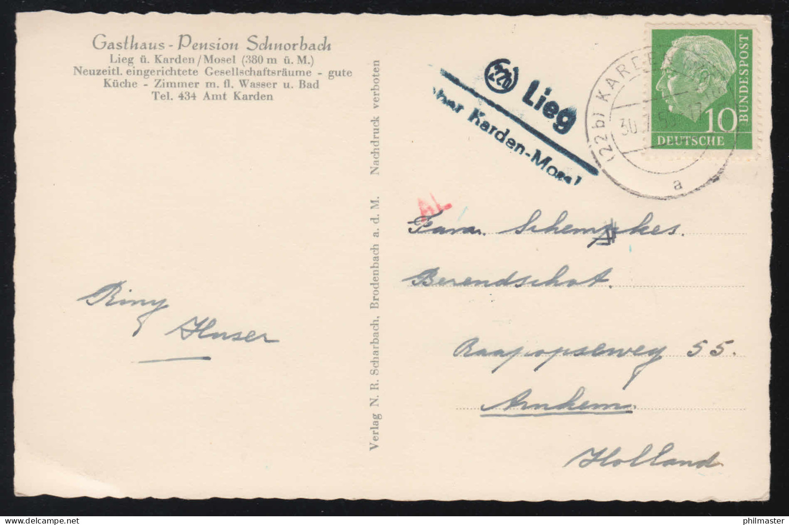 Landpost-Stempel Lieg über KARDEN (MOSEL) 30.7.1956 Auf AK Gasthaus Schnorbach - Sonstige & Ohne Zuordnung